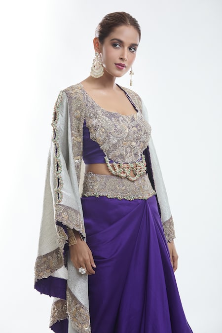 Buy_Anamika Khanna_White Silk Zari, Beads, Sequins Square Neck Zardozi Embroidered Cape Skirt Set_Online_at_Aza_Fashions