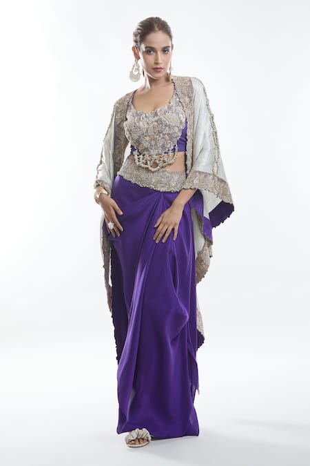 Anamika Khanna_White Silk Zari, Beads, Sequins Square Neck Zardozi Embroidered Cape Skirt Set_at_Aza_Fashions