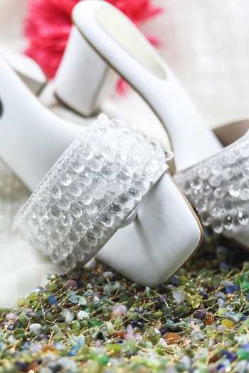 Foot Fuel_White Crystals, Beads Thread Embellished Heels _Online_at_Aza_Fashions