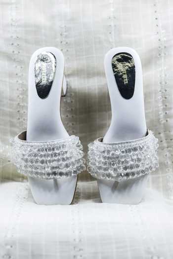Buy_Foot Fuel_White Crystals, Beads Thread Embellished Heels _Online_at_Aza_Fashions