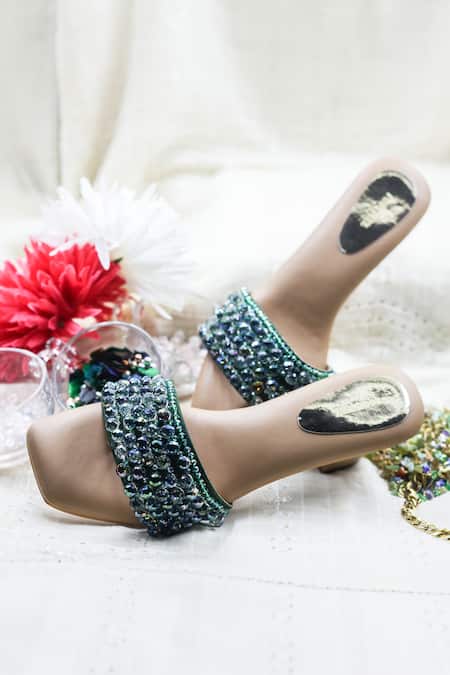 Foot Fuel_Green Crystals, Beads, Embroidery Thread And Embellished Heels _Online_at_Aza_Fashions