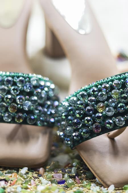 Shop_Foot Fuel_Green Crystals, Beads, Embroidery Thread And Embellished Heels _Online_at_Aza_Fashions
