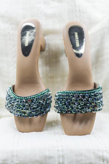 Foot Fuel_Green Crystals, Beads, Embroidery Thread And Embellished Heels _at_Aza_Fashions