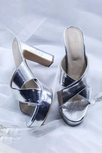 Shop Foot Fuel Silver Textured Pattern Block Heels at Aza Fashions Shop_Foot Fuel_Silver Textured Pattern Block Heels _at_Aza_Fashions