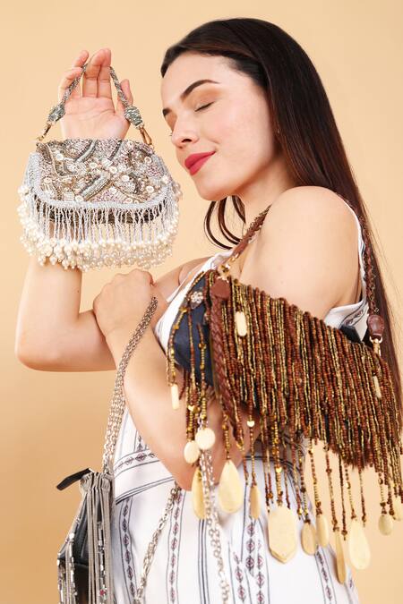 Born Flash_Blue Pearls, Beads, Tassels Denim Charm Bag _Online_at_Aza_Fashions