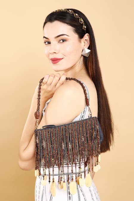 Buy_Born Flash_Blue Pearls, Beads, Tassels Denim Charm Bag _Online_at_Aza_Fashions