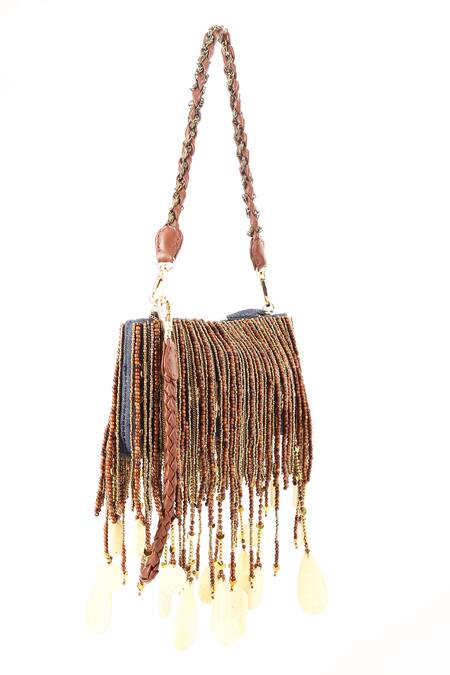 Shop_Born Flash_Blue Pearls, Beads, Tassels Denim Charm Bag _Online_at_Aza_Fashions