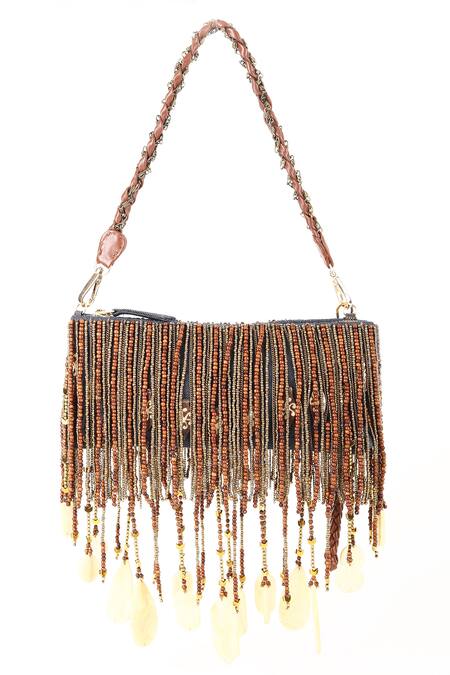Born Flash_Blue Pearls, Beads, Tassels Denim Charm Bag _at_Aza_Fashions