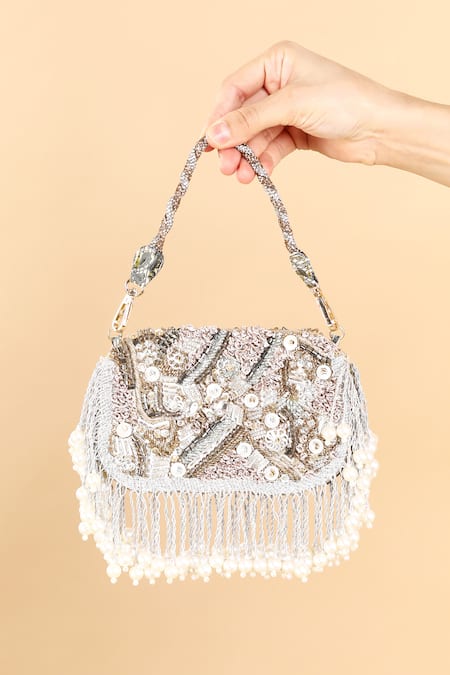 Buy_Born Flash_Silver Crystals, Pearls, Beads Glimmer Embellished Peral Tasselled Bag _Online_at_Aza_Fashions