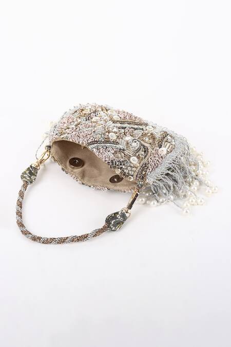 Shop_Born Flash_Silver Crystals, Pearls, Beads Glimmer Embellished Peral Tasselled Bag _Online_at_Aza_Fashions