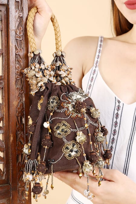 Buy_Born Flash_Brown Beads Shell Spell Floral Tasselled Potli _Online_at_Aza_Fashions