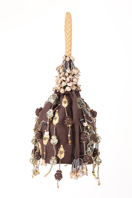 Shop_Born Flash_Brown Beads Shell Spell Floral Tasselled Potli _Online_at_Aza_Fashions