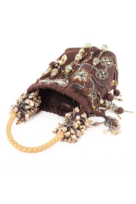 Born Flash_Brown Beads Shell Spell Floral Tasselled Potli _at_Aza_Fashions