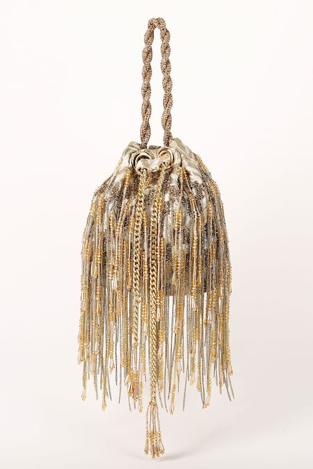 Buy_Born Flash_Gold Beads, Tassels Silk Elegance Chain Multi-tassel Potli _Online_at_Aza_Fashions