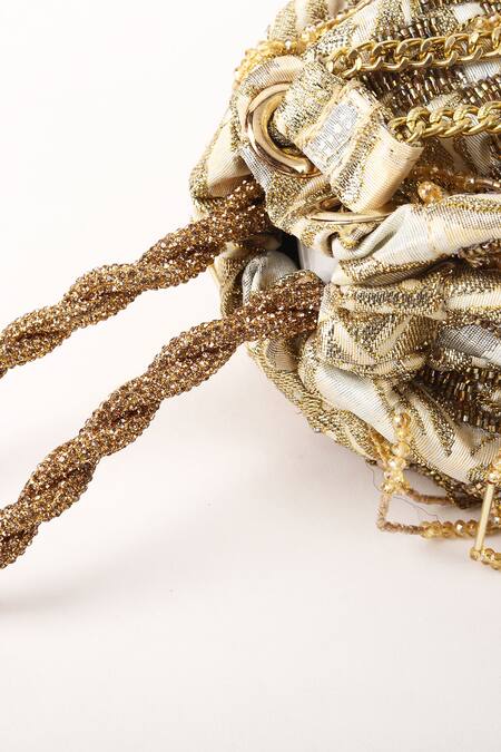 Shop_Born Flash_Gold Beads, Tassels Silk Elegance Chain Multi-tassel Potli _Online_at_Aza_Fashions