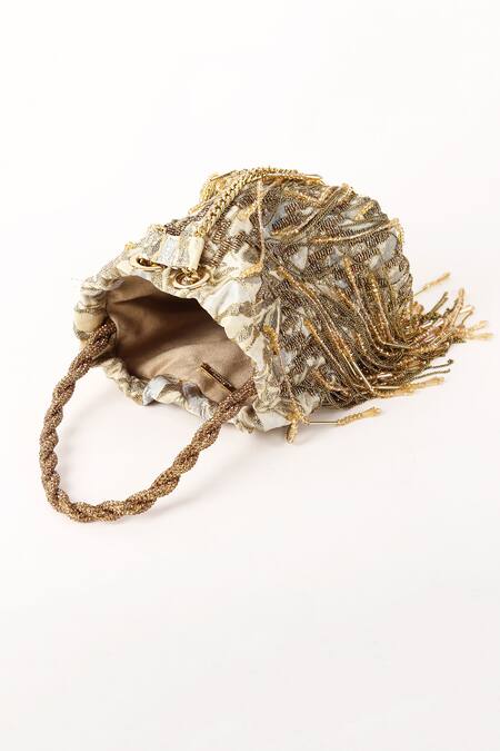 Born Flash_Gold Beads, Tassels Silk Elegance Chain Multi-tassel Potli _at_Aza_Fashions