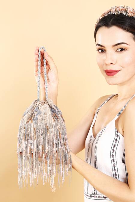 Buy_Born Flash_Silver Beads, Tassels Silk Opulence Multi-tassel Chain Potli _Online_at_Aza_Fashions