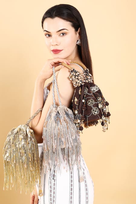 Born Flash_Silver Beads, Tassels Silk Opulence Multi-tassel Chain Potli _at_Aza_Fashions