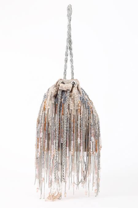 Buy_Born Flash_Silver Beads, Tassels Silk Opulence Multi-tassel Chain Potli 