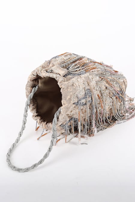 Shop_Born Flash_Silver Beads, Tassels Silk Opulence Multi-tassel Chain Potli 