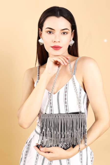 Born Flash_Silver Beads, Tassels Beaded Chain Handbag _Online_at_Aza_Fashions