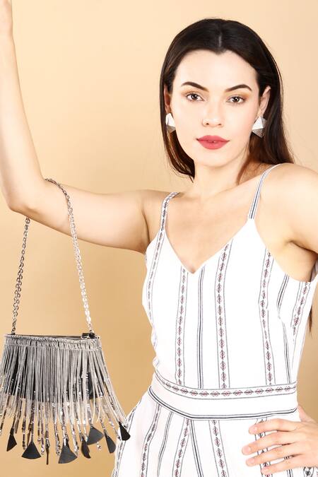 Buy_Born Flash_Silver Beads, Tassels Beaded Chain Handbag _Online_at_Aza_Fashions