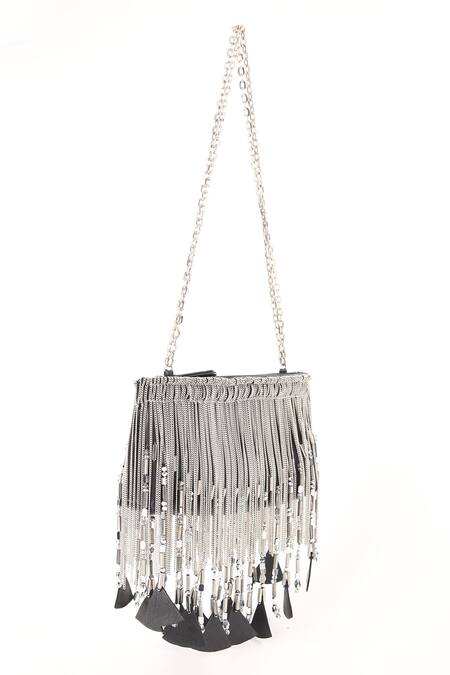 Shop_Born Flash_Silver Beads, Tassels Beaded Chain Handbag _Online_at_Aza_Fashions