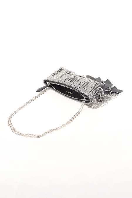 Born Flash_Silver Beads, Tassels Beaded Chain Handbag _at_Aza_Fashions