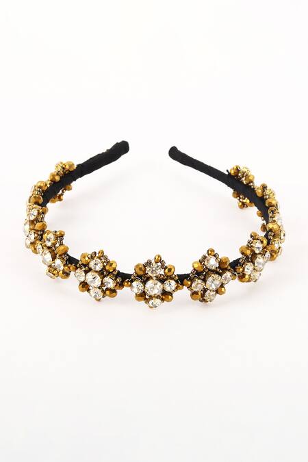 Born Flash_Gold Crystals, Beads Shimmer Embellished Hairband _Online_at_Aza_Fashions