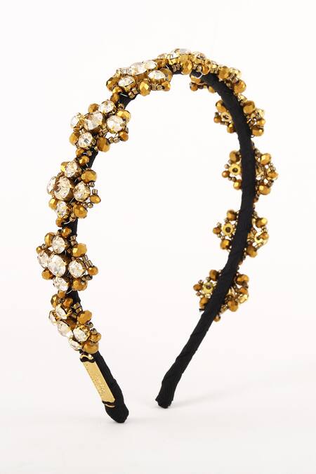 Born Flash_Gold Crystals, Beads Shimmer Embellished Hairband _at_Aza_Fashions