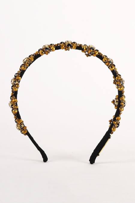 Born Flash_Gold Beads, Crystals Metallic Elegance Floral Beaded Hairband _Online_at_Aza_Fashions
