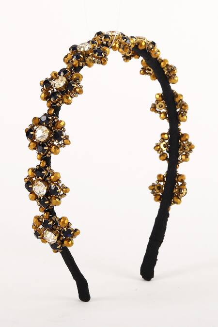 Buy_Born Flash_Gold Beads, Crystals Metallic Elegance Floral Beaded Hairband _Online_at_Aza_Fashions
