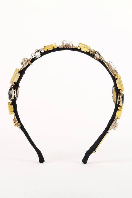 Born Flash_Gold Crystals, Beads Embellished Geometric Hairband _Online_at_Aza_Fashions