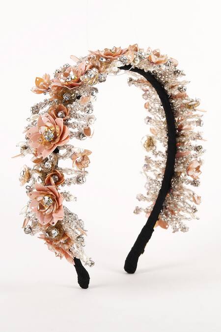 Shop Born Flash Peach Sequins, Pearls, Beads Rose Embellished Hairband Online at Aza Fashions Shop_Born Flash_Peach Sequins, Pearls, Beads Rose Embellished Hairband _Online_at_Aza_Fashions
