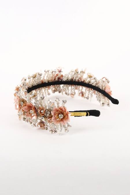 Born Flash Peach Sequins, Pearls, Beads Rose Embellished Hairband at Aza Fashions Born Flash_Peach Sequins, Pearls, Beads Rose Embellished Hairband _at_Aza_Fashions