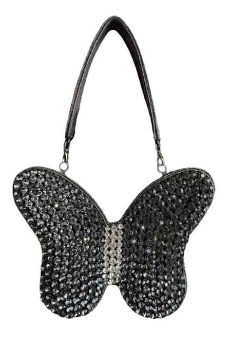 Oceana Clutches Black Embellished Rhinestone Butterfly Bag 