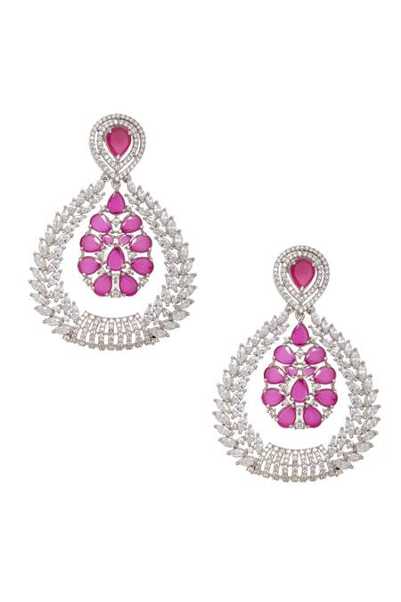 Shop Chaotiq By Arti White Stones Floral Studded Drop Earrings at Aza Fashions Shop_Chaotiq By Arti_White Stones Floral Studded Drop Earrings_at_Aza_Fashions