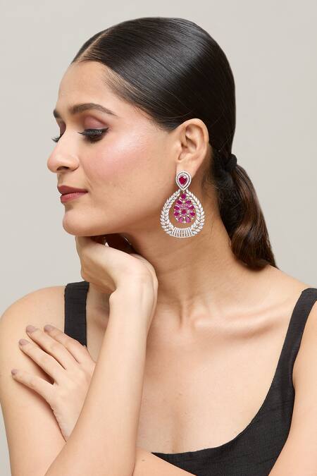 Buy Chaotiq By Arti White Stones Floral Studded Drop Earrings Online at Aza Fashions Buy_Chaotiq By Arti_White Stones Floral Studded Drop Earrings_Online_at_Aza_Fashions