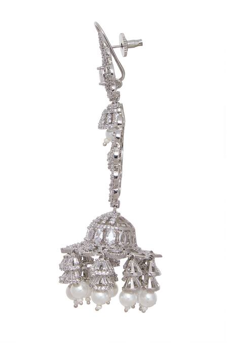 Chaotiq By Arti_White Pearls, Stones Floral Studded Chandbali Jhumka Earrings_Online_at_Aza_Fashions
