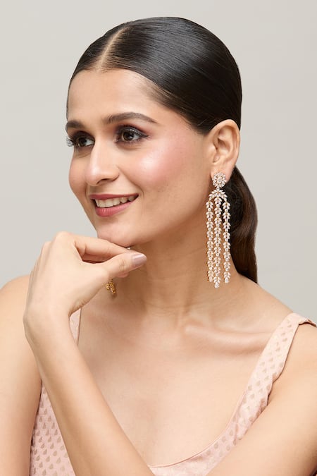 Chaotiq By Arti_Gold Plated Stones Floral Studded Long Earrings_Online_at_Aza_Fashions
