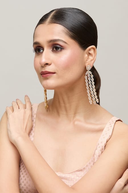 Chaotiq By Arti_Gold Plated Stones Floral Studded Long Earrings_at_Aza_Fashions