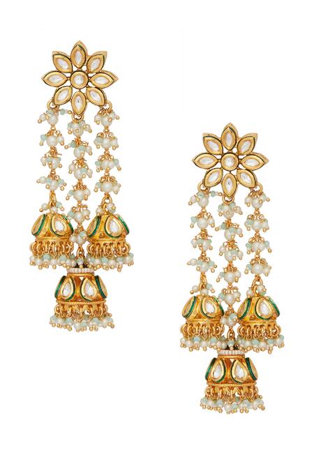 Shop Chaotiq By Arti Gold Plated Pearls, Diamonds Floral Polki Studded Tassel Earrings at Aza Fashions Shop_Chaotiq By Arti_Gold Plated Pearls, Diamonds Floral Polki Studded Tassel Earrings_at_Aza_Fashions