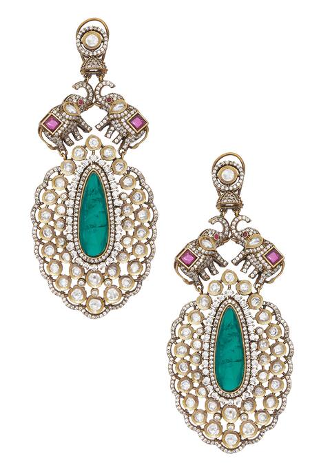 Shop Chaotiq By Arti Gold Plated Stones Polki Studded Antique Drop Earrings at Aza Fashions Shop_Chaotiq By Arti_Gold Plated Stones Polki Studded Antique Drop Earrings_at_Aza_Fashions