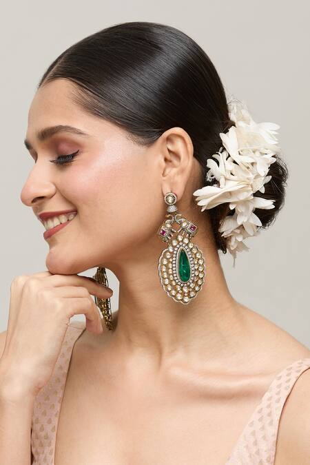 Shop Chaotiq By Arti Gold Plated Stones Polki Studded Antique Drop Earrings Online at Aza Fashions Shop_Chaotiq By Arti_Gold Plated Stones Polki Studded Antique Drop Earrings_Online_at_Aza_Fashions