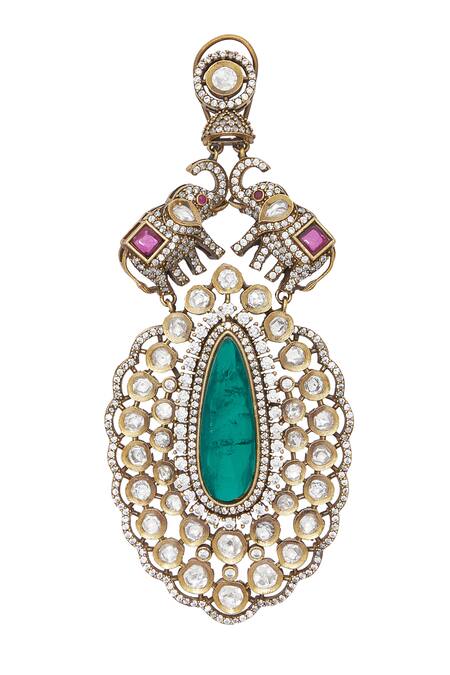 Chaotiq By Arti Gold Plated Stones Polki Studded Antique Drop Earrings at Aza Fashions Chaotiq By Arti_Gold Plated Stones Polki Studded Antique Drop Earrings_at_Aza_Fashions