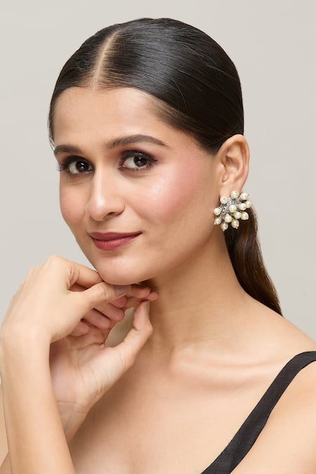 Chaotiq By Arti Pearl Embellished Oxidized Stud Earrings 