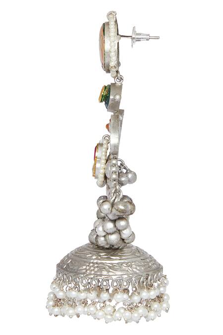 Chaotiq By Arti White Meenakari Embellished Oxidized Jhumka Earrings Online at Aza Fashions Chaotiq By Arti_White Meenakari Embellished Oxidized Jhumka Earrings_Online_at_Aza_Fashions