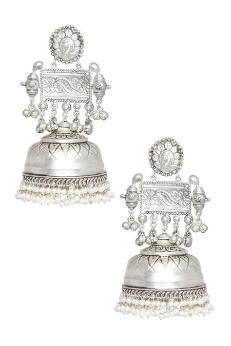 Shop Chaotiq By Arti White Carved Pearl Tasselled Jhumka Earrings at Aza Fashions Shop_Chaotiq By Arti_White Carved Pearl Tasselled Jhumka Earrings_at_Aza_Fashions