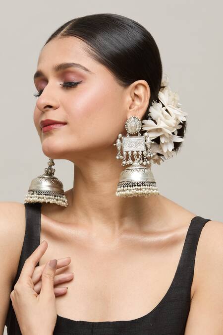 Buy Chaotiq By Arti White Carved Pearl Tasselled Jhumka Earrings Online at Aza Fashions Buy_Chaotiq By Arti_White Carved Pearl Tasselled Jhumka Earrings_Online_at_Aza_Fashions