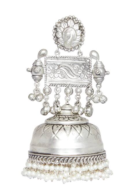 Shop Chaotiq By Arti White Carved Pearl Tasselled Jhumka Earrings Online at Aza Fashions Shop_Chaotiq By Arti_White Carved Pearl Tasselled Jhumka Earrings_Online_at_Aza_Fashions